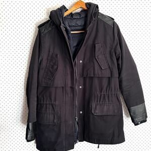 Maje Insulated Utility Down Jacket 2 Black Navy Blue Leather Hooded Academia